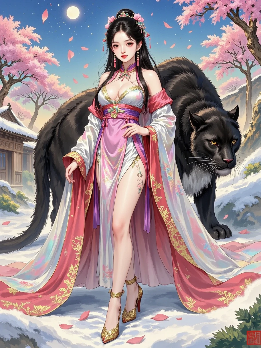 (( A beautiful young Oriental woman ，身着gorgeous的中国汉服，Her long hair flutters，Graceful figure， The huge black panther next to it adds a mysterious atmosphere 。Snow floats in the sky ， She's standing on a snowy ground ， Like a fairy coming out of a dream ， The whole picture is full of fantastic quality and exquisite details， like a scene in a movie )), watercolor， large-scale smudging ，Gradient，illustration，illustration， solid color background ，cute， mature， Chinese style，gorgeous，grace，Full of creativity ，pride,  1girl , 8k, high resolution, NSFW, from below, (very very very very very very very very huge breasts), huge pelves, inner flesh, splatoon, strong eyes, arms behind head, armpit, (marina:1.2), (dark skin:1.4), Black wear, Golden Bikini, cleavage, wet skin, tentacle gleaming hair, (pubic pink tattoo), confident, expression, holding, statement, in the beach, looking at viewer, disappointed, disdain, (frown:0.7)，Sexy，charming， overall color uniformity， art，advanced， painting design 