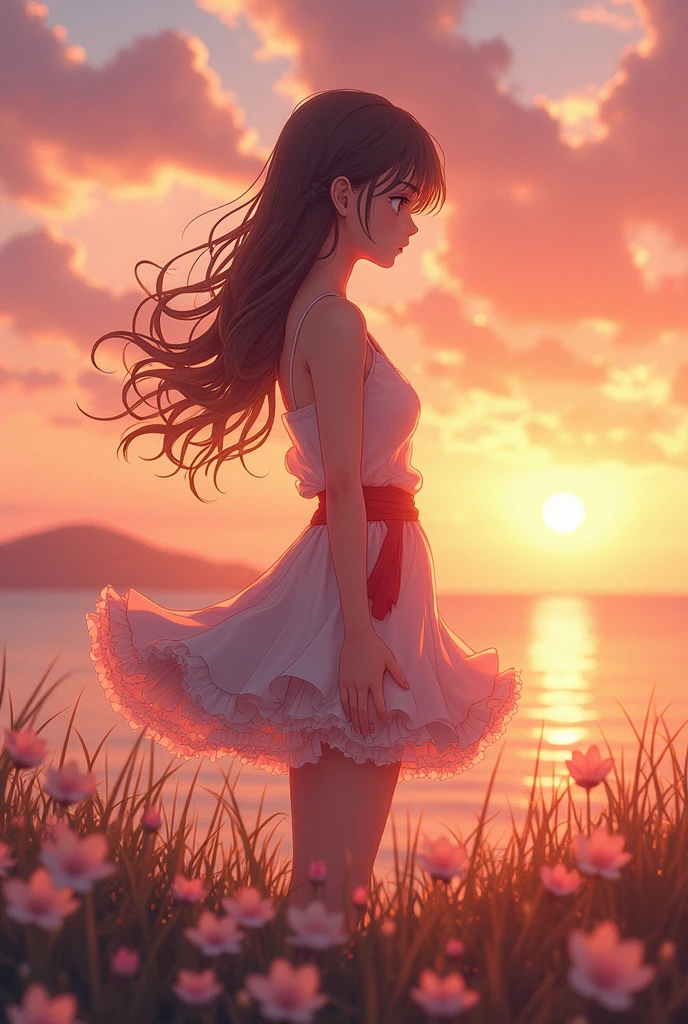 Highest quality,Highest Resolution,A girl watching the sun setting over the horizon,