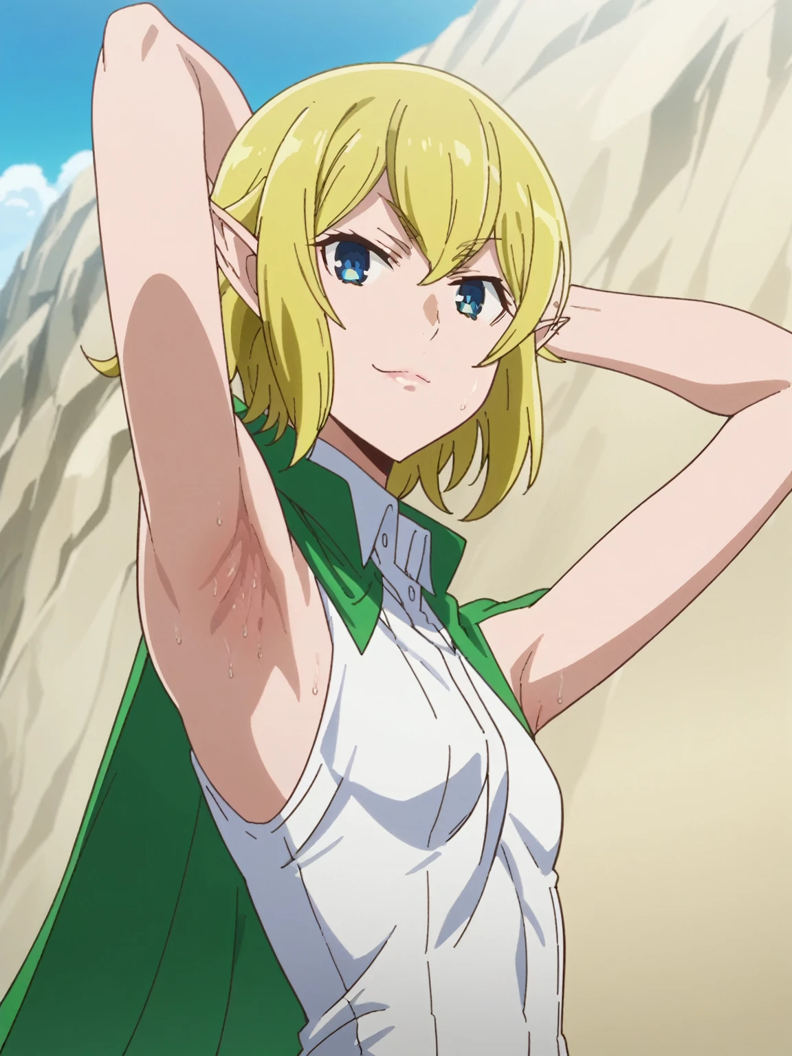 score_9, score_8_up, score_7_up, source_anime, anime screencap, 1girl, solo, ryuu lion, elf ear, short hair, blue eyes, yellow hair, bangs, white shirt, sleeveless, green cape, bare shoulders, bare arms, arm behind head, armpit, looking at viewer, head towards viewer, smile, badhandv4, outdoors, beach, closed mouth, from side, from below, sweaty armpit