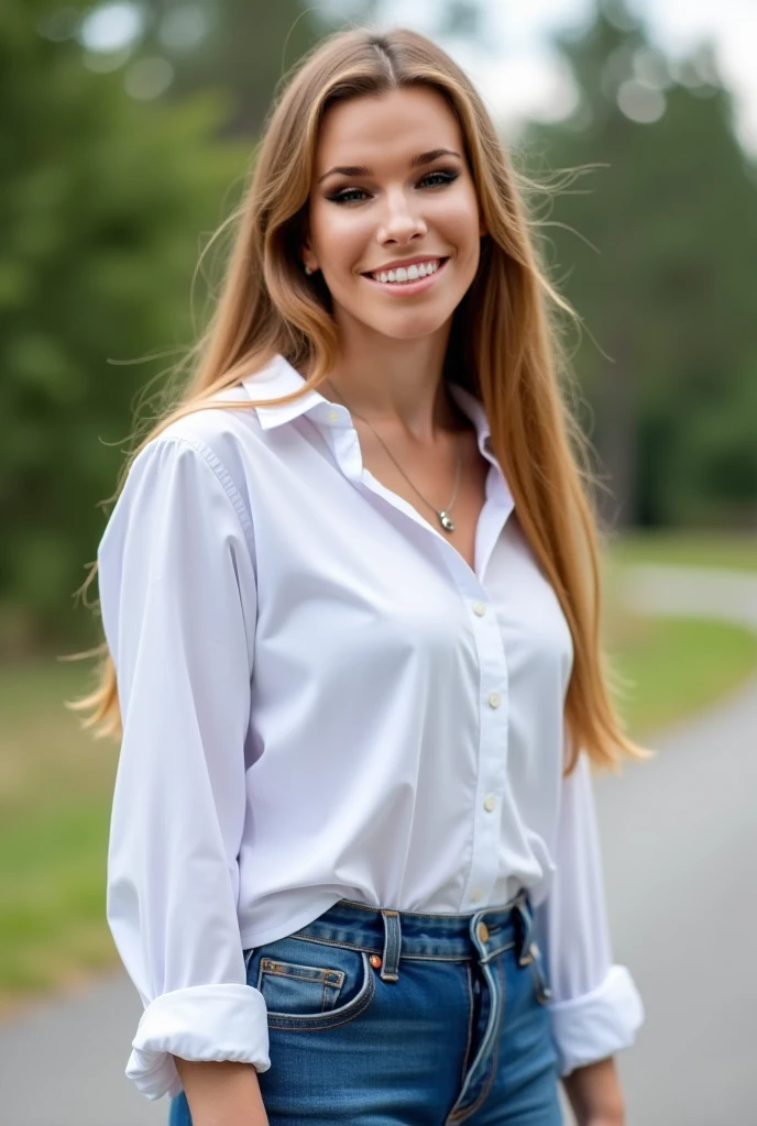 photo of beautiful (V4n3ss4M10v10-130:0.99), a woman, perfect hair, laughing, (modern photo), wearing (a Button-up shirt and khaki trousers) with chain bracelet, portrait, 85mm, (analog, cinematic, film grain:1.3), (Post-Apocalyptic Wasteland, Desolate landscape with crumbling structures, overgrown flora, and polluted sky.), detailed eyes, professional pose, painted lips, (epiCPhoto), (looking at viewer:1.1), (cinematic shot:1.3), (natural lighting, lit from above), <lora:add_detail:0.5>