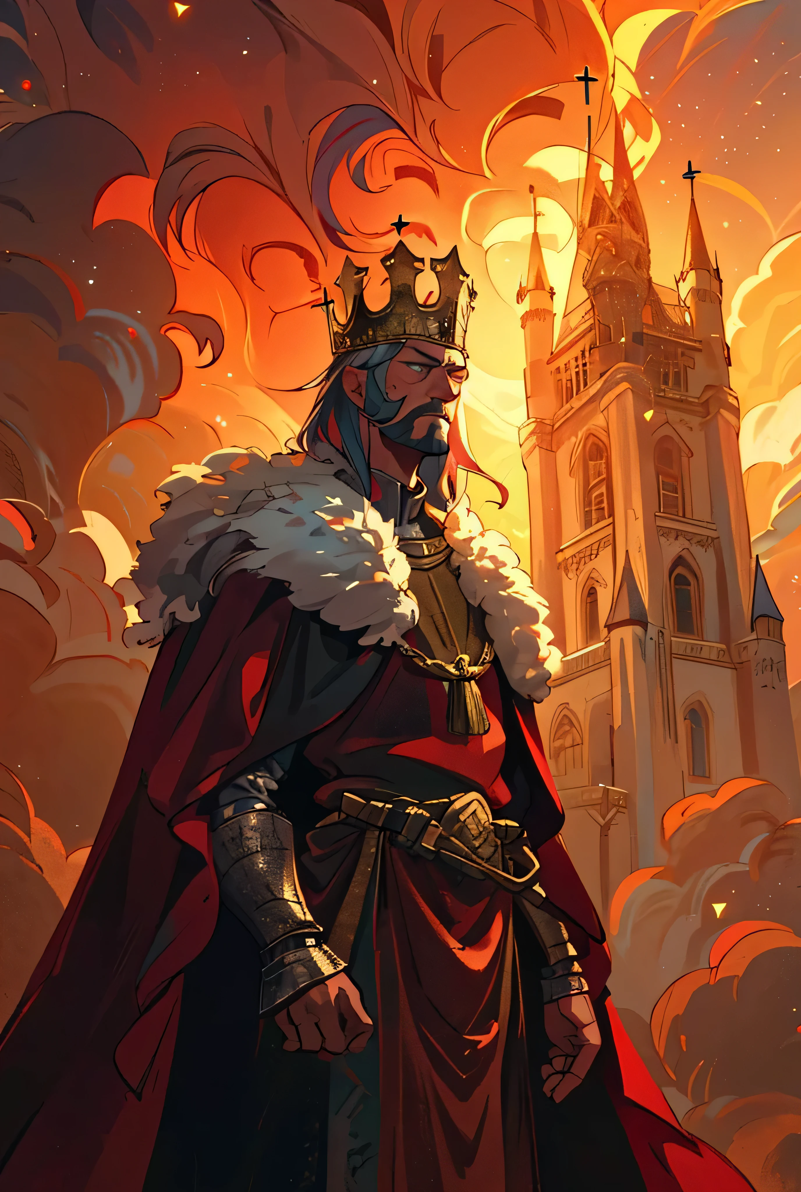 arafed image of a man in a crown and mantle standing in front of a castle, great king of stovokor, medieval old king, crusader kings 3, portrait of a king, king richard the lionheart, tuomas korpi and wlop, portrait of medieval old king, portrait of a medieval old king, king of kings, man with a crown, (Masterpiece), (best detail), (Best quality), Detailed facial features, milky ways, glitters, Particle, Wind, flower, hair adornments, multicolored hair, Solo, jewelry, Starry sky, sky, (stars), Milky Way, Young and good-looking