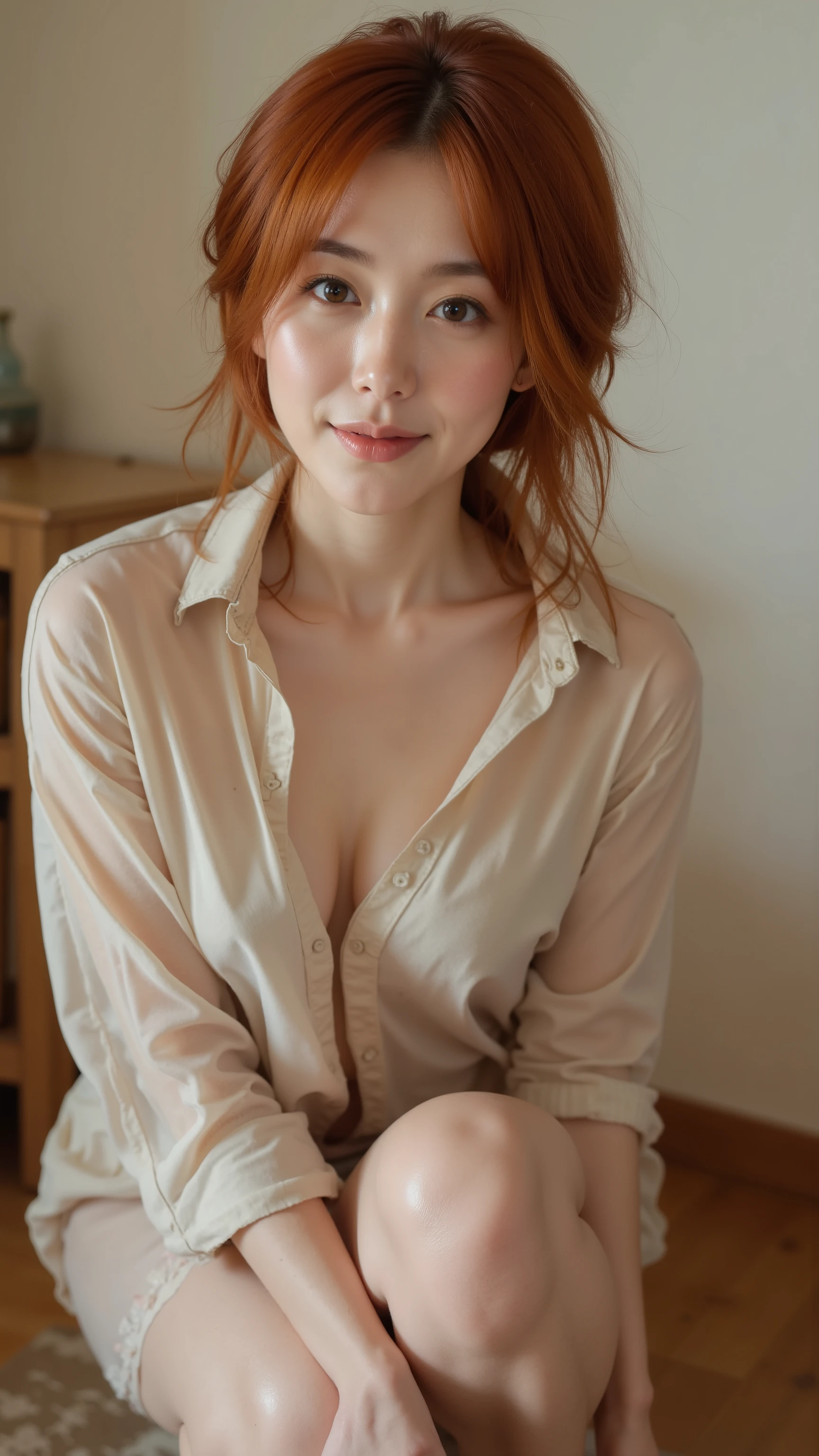 32k, Masterpiece, top quality, (( Korean middle-aged woman ))      redhead, wet shirt, translucent, button-down,  ample cleavage,  crouching, hands near hem,  simple background, light-colored walls, wooden furniture, soft lighting.
