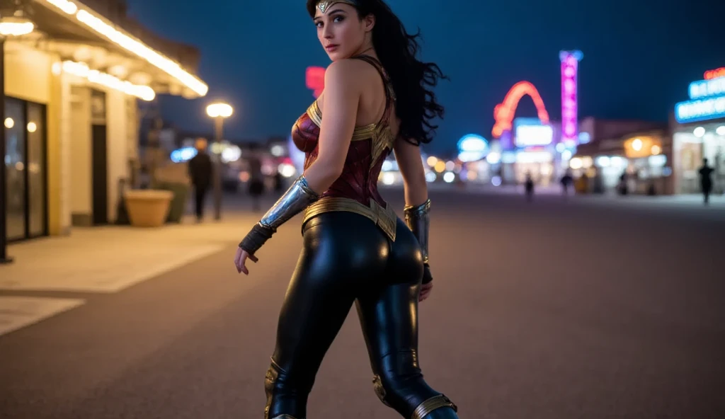 Full body photo of Wonderwoman, she has long black hair, she wears high heel boots, tight black leather pants that highlight her athletic body with a small waist, round hips and big ass. She is on a night in the desert, in the background there are neon lights, she is softly illuminated by yellow and blue, she is walking with her back turned but looks at the camera