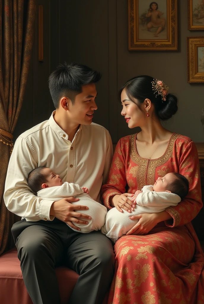 A woman and a man hold a newborn baby in traditional Thai clothing.