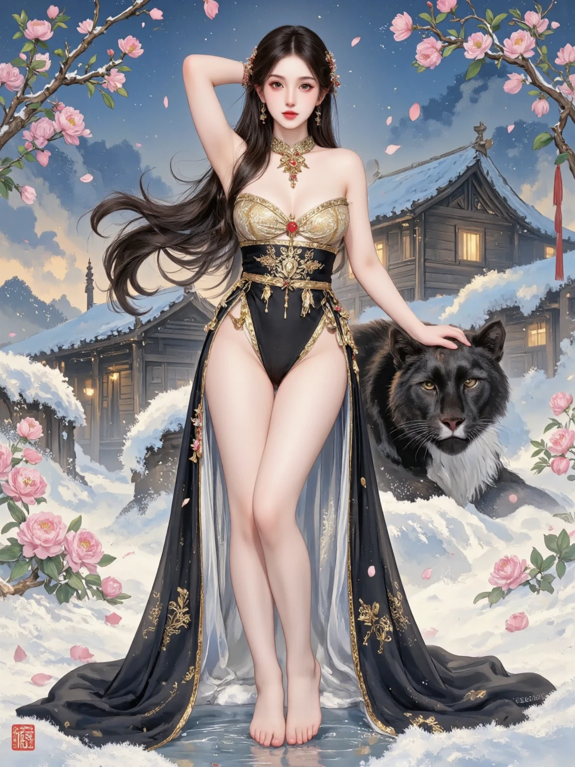 (( A beautiful young Oriental woman ，身着gorgeous的中国汉服，Her long hair flutters，Graceful figure， The huge black panther next to it adds a mysterious atmosphere 。Snow floats in the sky ， She's standing on a snowy ground ， Like a fairy coming out of a dream ， The whole picture is full of fantastic quality and exquisite details， like a scene in a movie )), watercolor， large-scale smudging ，Gradient，illustration，illustration， solid color background ，cute， mature， Chinese style，gorgeous，grace，Full of creativity ，pride,  1girl , 8k, high resolution, NSFW, from below, (very very very very very very very very huge breasts), huge pelves, inner flesh, splatoon, strong eyes, arms behind head, armpit, (marina:1.2), (dark skin:1.4), Black wear, Golden Bikini, cleavage, wet skin, tentacle gleaming hair, (pubic pink tattoo), confident, expression, holding, statement, in the beach, looking at viewer, disappointed, disdain, (frown:0.7)，Sexy，charming， overall color uniformity， art，advanced， painting design 