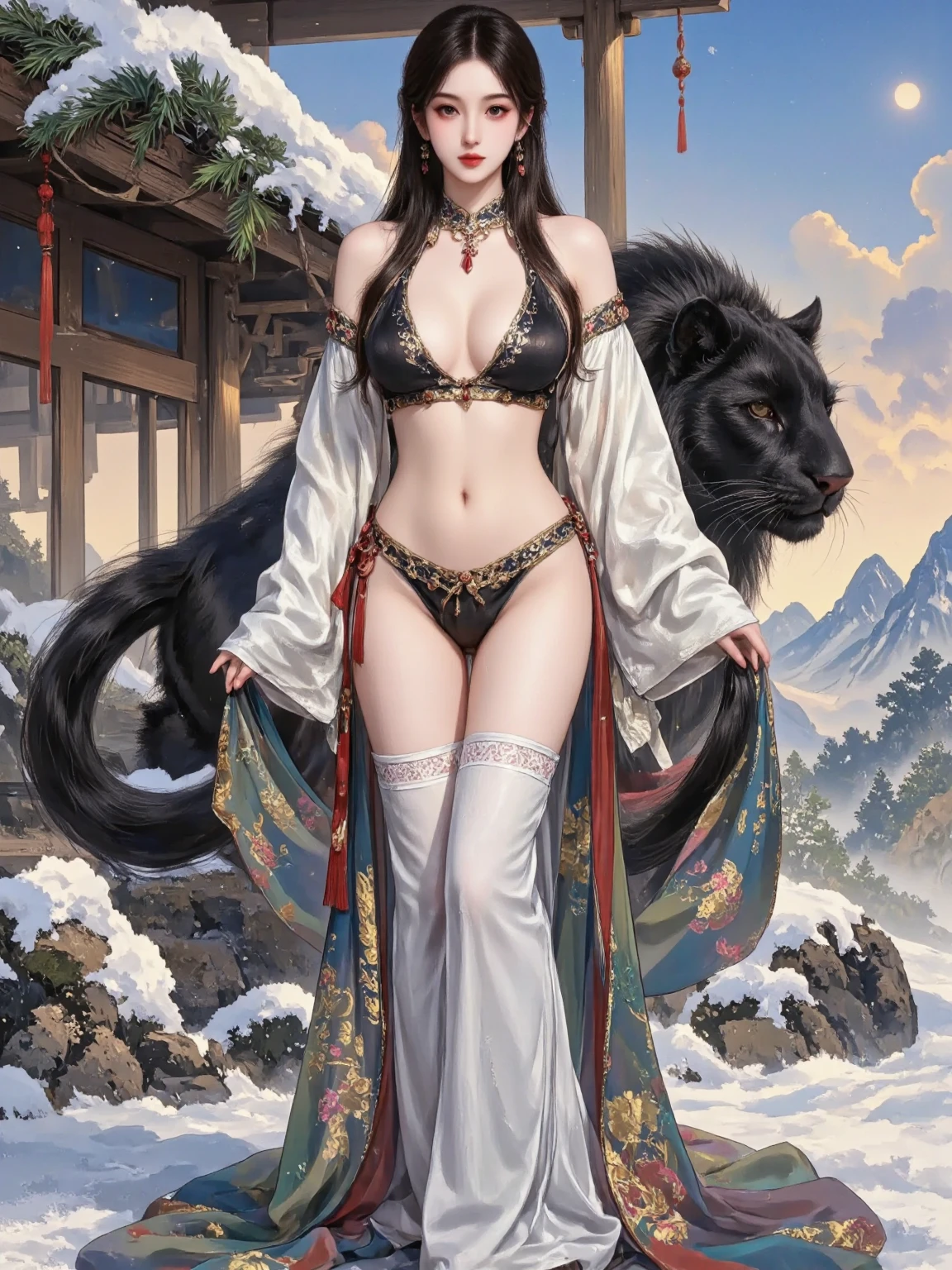 (( A beautiful young Oriental woman ，身着gorgeous的中国汉服，Her long hair flutters，Graceful figure， The huge black panther next to it adds a mysterious atmosphere 。Snow floats in the sky ， She's standing on a snowy ground ， Like a fairy coming out of a dream ， The whole picture is full of fantastic quality and exquisite details， like a scene in a movie )), watercolor， large-scale smudging ，Gradient，illustration，illustration， solid color background ，cute， mature， Chinese style，gorgeous，grace，Full of creativity ，pride,  1girl , 8k, high resolution, NSFW, from below, (very very very very very very very very huge breasts), huge pelves, inner flesh, splatoon, strong eyes, arms behind head, armpit, (marina:1.2), (dark skin:1.4), Black wear, Golden Bikini, cleavage, wet skin, tentacle gleaming hair, (pubic pink tattoo), confident, expression, holding, statement, in the beach, looking at viewer, disappointed, disdain, (frown:0.7)，Sexy，charming， overall color uniformity， art，advanced， painting design 