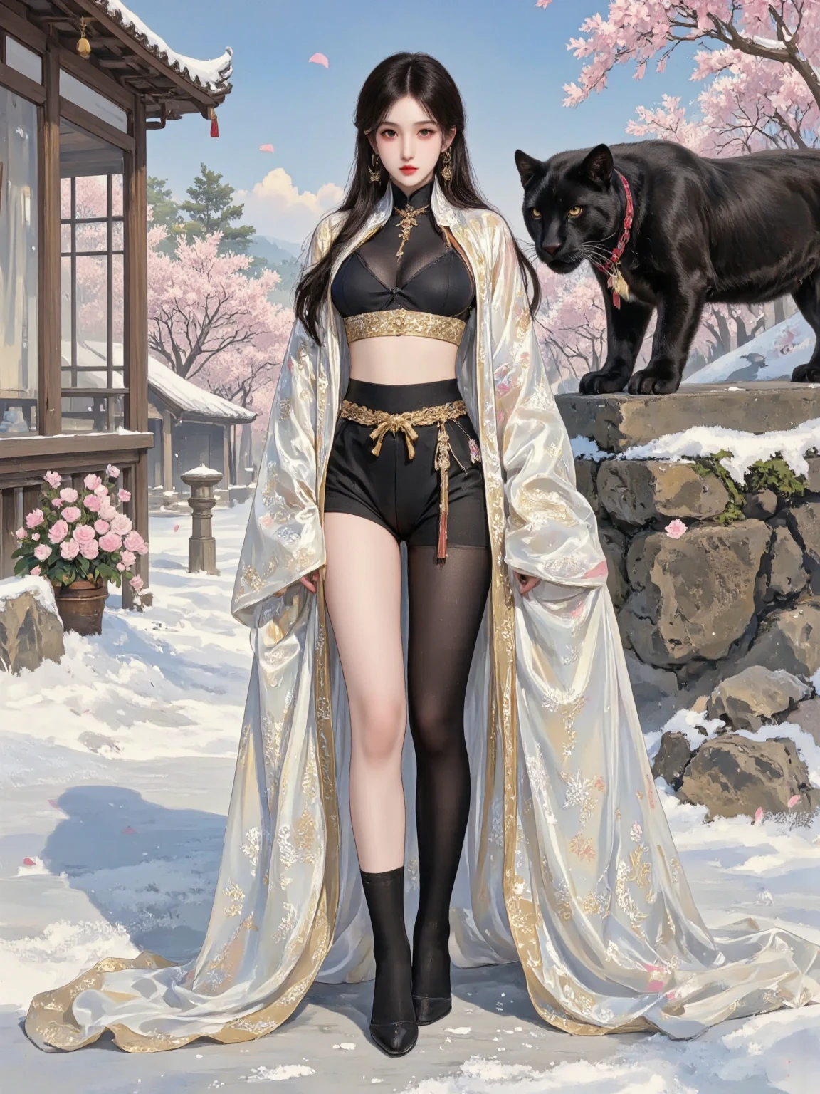 (( A beautiful young Oriental woman ，身着gorgeous的中国汉服，Her long hair flutters，Graceful figure， The huge black panther next to it adds a mysterious atmosphere 。Snow floats in the sky ， She's standing on a snowy ground ， Like a fairy coming out of a dream ， The whole picture is full of fantastic quality and exquisite details， like a scene in a movie )), watercolor， large-scale smudging ，Gradient，illustration，illustration， solid color background ，cute， mature， Chinese style，gorgeous，grace，Full of creativity ，pride,  1girl , 8k, high resolution, NSFW, from below, (very very very very very very very very huge breasts), huge pelves, inner flesh, splatoon, strong eyes, arms behind head, armpit, (marina:1.2), (dark skin:1.4), Black wear, Golden Bikini, cleavage, wet skin, tentacle gleaming hair, (pubic pink tattoo), confident, expression, holding, statement, in the beach, looking at viewer, disappointed, disdain, (frown:0.7)，Sexy，charming， overall color uniformity， art，advanced， painting design 