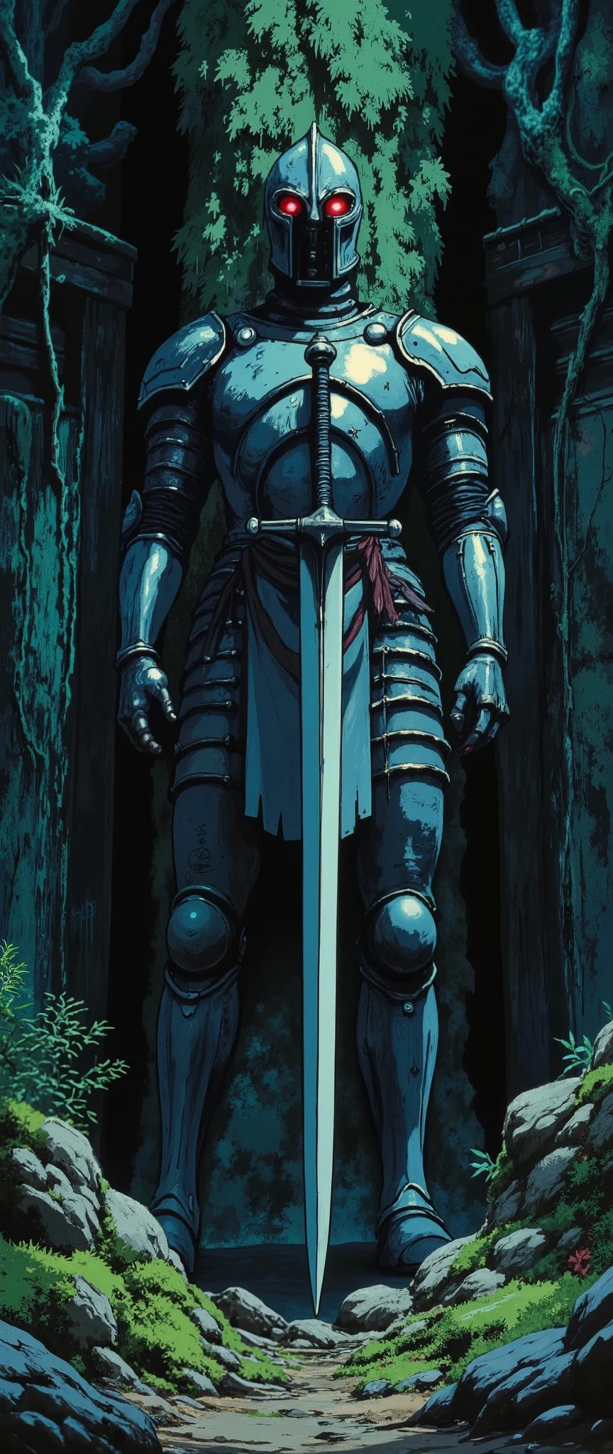 (masterpiece:1.2,Exceptional Quality,Mirror-like, cinematic experience , best illustration:2.0, more details.2.0),16k,wallpaper,( The Cursed Statue in the Deep of the Forest ),(There is a statue of a knight in armor with a large sword standing in a shrine in a dense dark forest:2.0),(Red glowing eyes:2.0),(deterioration:1.3),(moss),( Studio Ghibli in the courtyard:2.0),( Anime Artwork),( Dynamic:2.0),(Spectacular landscapes:2.0),( creepy vibe:2.0),(From below:2.0)