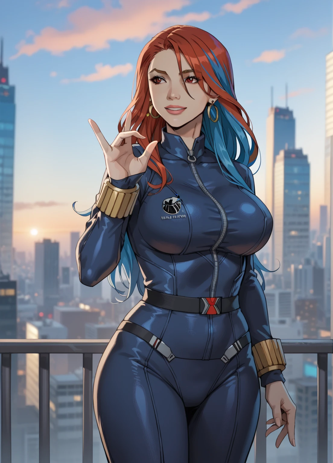 ProximaMidnightSDXL, blue hair, long hair, red eyes, earrings, ear piercing, multicolored hair, score_9, score_8_up, score_7_up, source_anime, masterpiece,best quality, huge breasts, wide hips, big ass, big round butt, cosplayer, cosplaying black widow, bodysuit, smile, double peace pose, city, evening, blurry backgrounds, simple backgrounds 