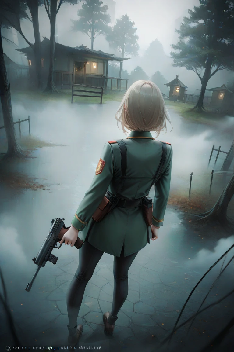 country village background, tree, fog, high angle, girl, gun