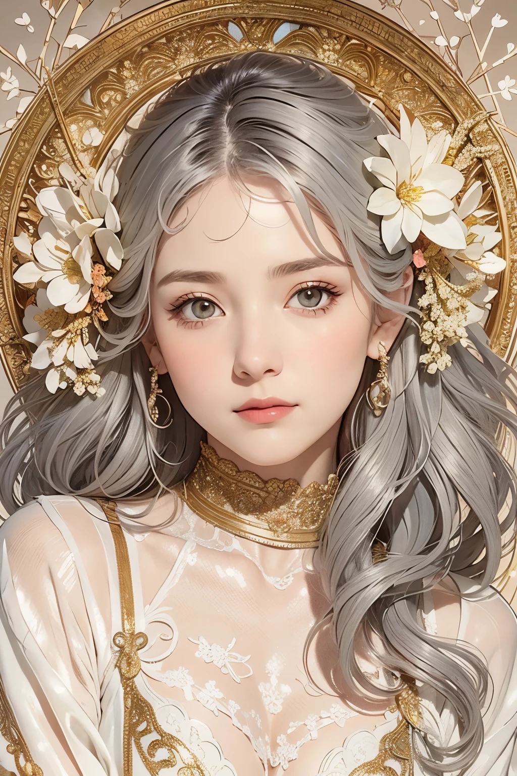 Detailed drawing of a beautiful girl drawn with alcohol inks, bright, gentle, calm expression, shiny skin, glossy lips, (almost straight medium length silver-gray hair), focus on face, (close-up), (rustic country sweater), (slim figure), superb depiction of very delicate details, soft shadows, use of line drawing, contours, clean line drawing, simple line drawing style, decorative panel, Art Nouveau-style decoration, frame decorated with snowy Art Nouveau snowflakes, bright and strong primary colors partly used as accents, partly with gold accents, Art Nouveau accents, New Year atmosphere, gorgeous winter flowers, snowy forest, midwinter garden, midwinter twilight, falling snow, dead trees, snow, snowflakes, (white wall in background), painting-style, floral, (masterpiece, beautiful), (Musha-style composition), (old and faded colors, very dark image quality), (simple composition)