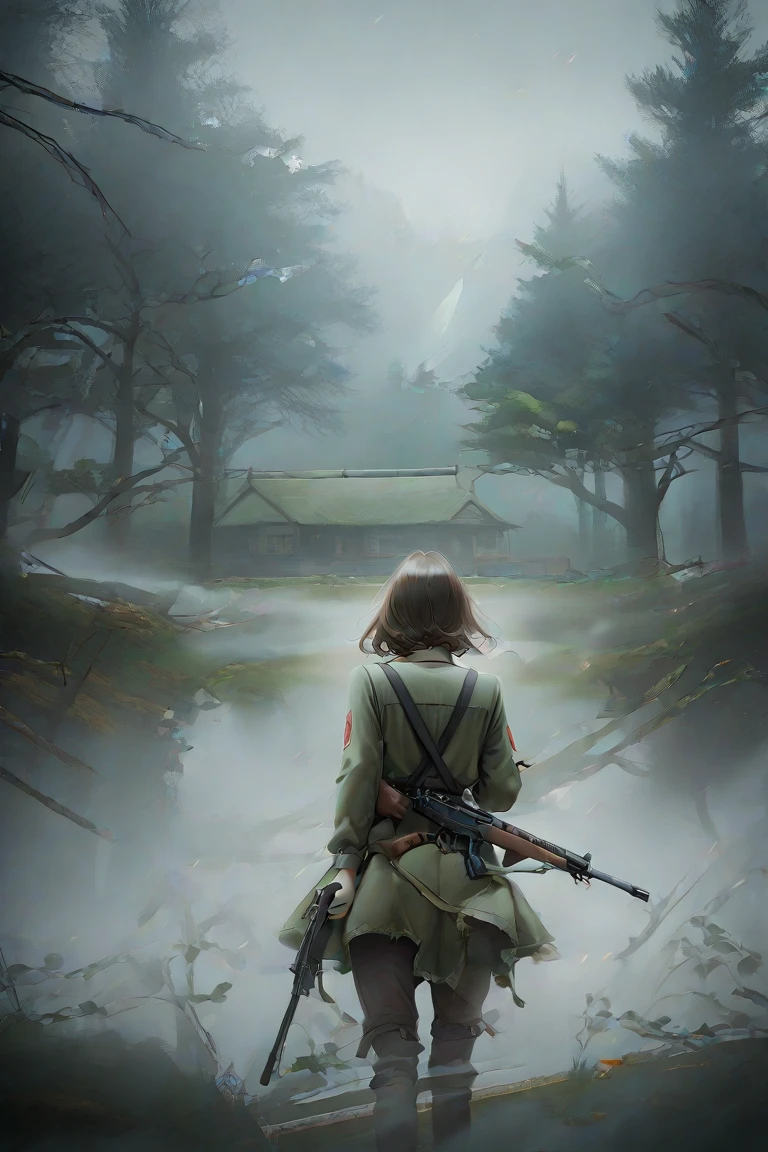 country village background, tree, fog, girl, gun