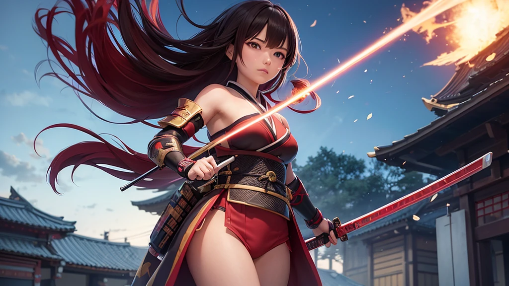 たきfire \(Xenoblade\), young_Teen_One girl, armor, bangs, black gloves, chest, Red eyes, Mouth closed, Earrings, eyelash, fingerless gloves, Floating Hair, framed chest, gem, gloves, hair ornaments, Headpiece, jewelry, big_chest, Lean back, leotard, Neon Trim, Official Art, Pause, Redhead, red Shorts, saitou masatsugu, short hair, short Shorts, Short sleeve, Shorts, Side Lock, Fits perfectly to the skin, alone, Are standing, swept bangs, Knee socks, tiara, night_grassland_landscape_background, turtleneck, Underbust, Arm guard, Xenoblade chronicles \(series\), (Xenoblade chronicles 2), Away_feet, fire_effect,dynamic_Pause_Finding,Light_smile, (Plump:1.1), big_Butt,Huge_sword, all_big_sword_Pattern, alone, Covered_Nipples, Covered_Pussy,