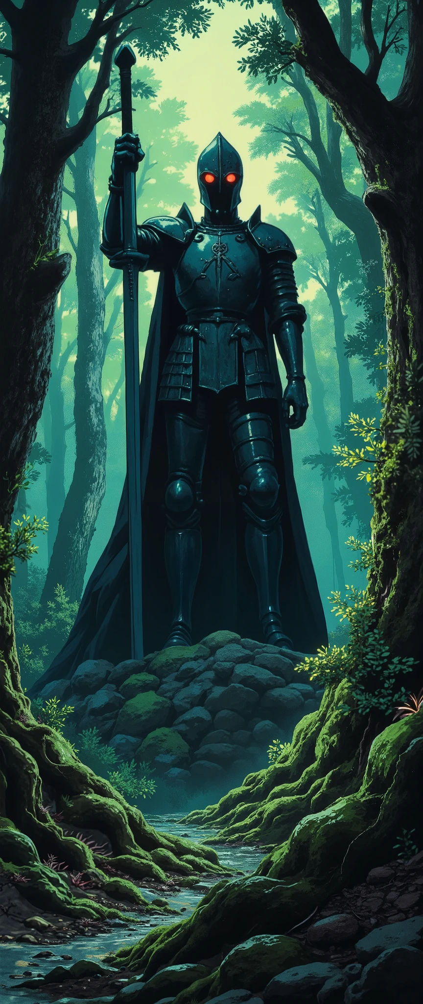 (masterpiece:1.2,Exceptional Quality,Mirror-like, cinematic experience , best illustration:2.0, more details.2.0),16k,wallpaper,( The Cursed Statue in the Deep of the Forest ),(There is a statue of a knight in armor with a large sword standing in a dense dark forest:2.0),(Red glowing eyes:2.0),(deterioration:2.0),(moss:2.0),( Studio Ghibli in the courtyard:2.0),( Anime Artwork),( Dynamic:2.0),(Spectacular landscapes:2.0),( creepy vibe:2.0),(From below:2.0),(pedestal:2.0)