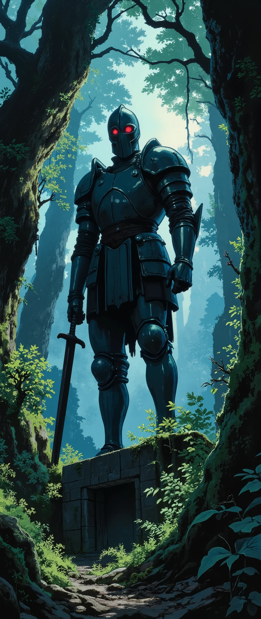 (masterpiece:1.2,Exceptional Quality,Mirror-like, cinematic experience , best illustration:2.0, more details.2.0),16k,wallpaper,( The Cursed Statue in the Deep of the Forest ),(There is a statue of a knight in armor with a large sword standing in a dense dark forest:2.0),(Red glowing eyes:2.0),(deterioration:2.0),(moss:2.0),( Studio Ghibli in the courtyard:2.0),( Anime Artwork),( Dynamic:2.0),(Spectacular landscapes:2.0),( creepy vibe:2.0),(From below:2.0),(pedestal:2.0)