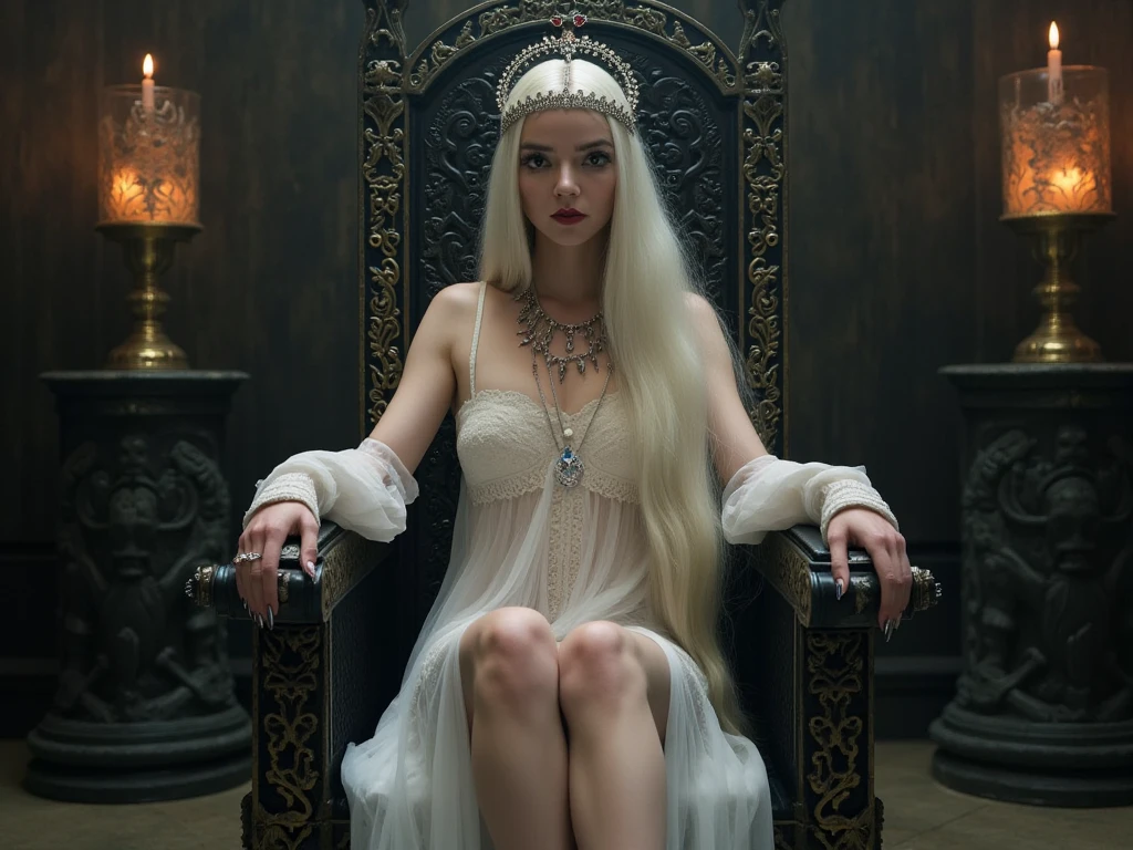 masterpiece, highest quality, solo , (perfect face:1.1), (high detail:1.1), dramatic, dark skin, (long white hair:1.4), devil magician, volumetric lighting, detailed eyes, cinematic lighting, hyper detailed, intricately detailed, overwhelmingly pixel perfect, roses, fashion, seductive pose. Kawaii woodoo queen with big oversize eyes.
Her eyes are gold and emerald. She have an albino boa snake around her arms and neck.
On the left there is a small woodoo doll. The woodoo doll have big black rounded eyes and kawaii face. On the right instead three tsantsa, three shrunken heads with oversized kawaii big eyes as well. The woodoo queen is sit on a throne made of thousands of bones and sculls with on the top a crown or red roses. On top of the throne and the roses there are two oversized big black crows. It's golden hour and the light con inside the room from a gigantic window on the left. The room itself is dark, mainly green uranium and shades of black and dark red, but where the light hit from the window the colours are warm and shiny. the light illuminates the woodoo queen and a part of the throne and the room.