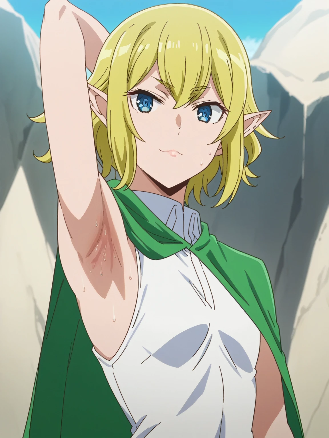 score_9, score_8_up, score_7_up, source_anime, anime screencap, 1girl, solo, ryuu lion, elf ear, short hair, blue eyes, yellow hair, bangs, white shirt, sleeveless, green cape, bare shoulders, bare arms, arm behind head, armpit, looking at viewer, head towards viewer, smile, badhandv4, outdoors, beach, closed mouth, from side, from below, sweaty armpit