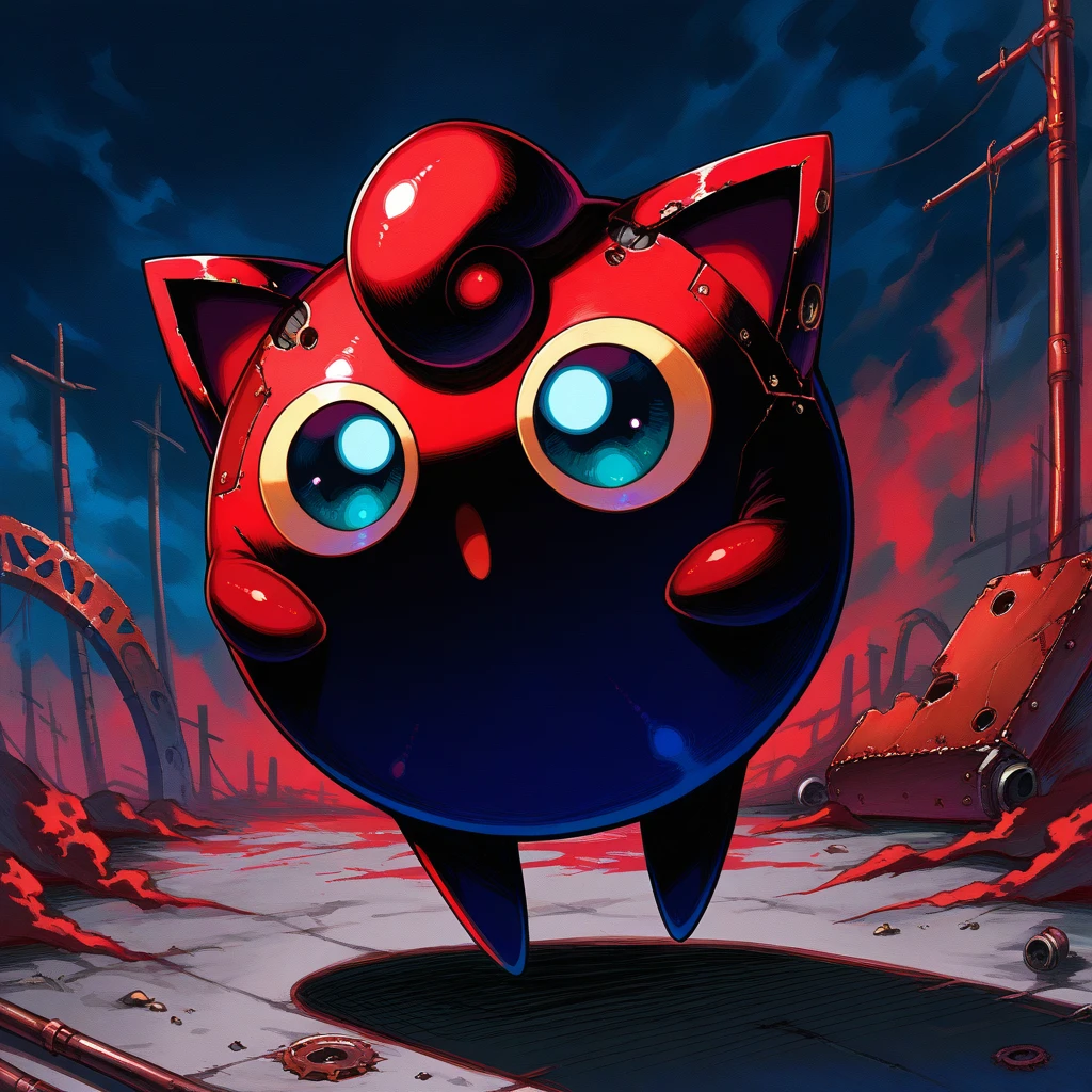 (masterpiece), best quality, solo, no humans, Ancestral Follower Warrior  Jigglypuff with ((dark gray black blue-gray and rust-red colors))

