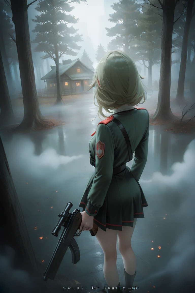 country village background, tree, fog, high angle, girl, gun