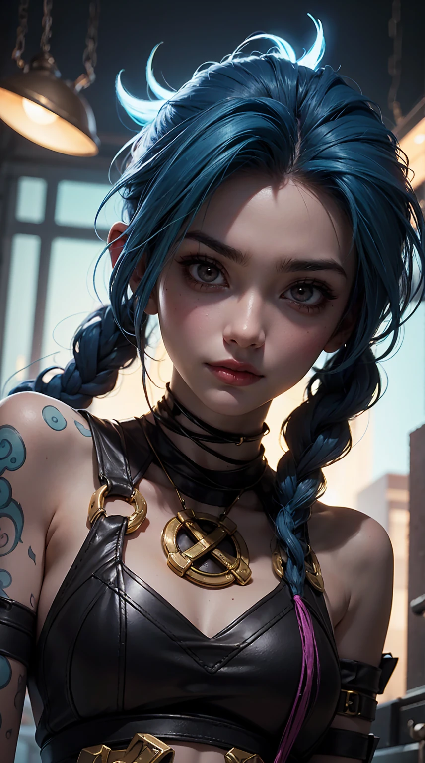 [Core Concept]
A close-up portrait of Jinx, the infamous criminal mastermind from the League of Legends universe.

[Character Description]
Jinx is depicted with her signature electric blue hair, wild and untamed, framing her mischievous face. Her eyes are filled with a gleam of unrestrained joy and a hint of madness, reflecting her chaotic and unpredictable nature.

[Environment/Background]
The background is blurred and indistinct, allowing the focus to remain solely on Jinx's captivating features.

[Style and Atmosphere]
The image has a gritty, neon-infused aesthetic, capturing the edgy and high-intensity vibe associated with Jinx's character.

[Composition]
The composition is tightly framed, drawing the viewer's attention directly to Jinx's expressive face and emphasizing the intensity of her gaze.

[Details and Embellishments]
Jinx's makeup is bold and striking, with sharp lines accentuating her features and a vibrant, almost fluorescent color palette that adds to the overall sense of energy and chaos.

[Technical Specifications]
The image is rendered with a high level of detail, showcasing the intricate textures and vibrant hues that bring Jinx's iconic appearance to life.