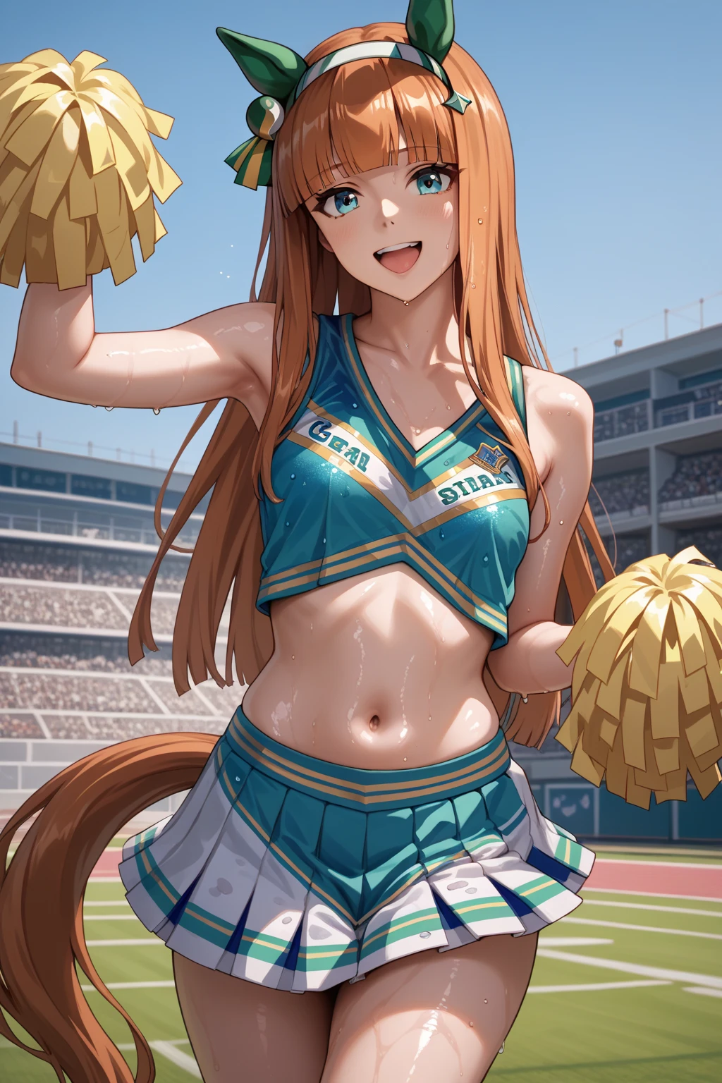 1 girl, solo, silence suzuka \(umamusume\), photo-realistic, cheerleader, pom pom \(cheerleading\), pleated skirt, best quality, laugh, good anatomy, masterpiece, shiny, shiny skin, shiny outfit, wet clothes, wet skin, dynamic pose, source_anime