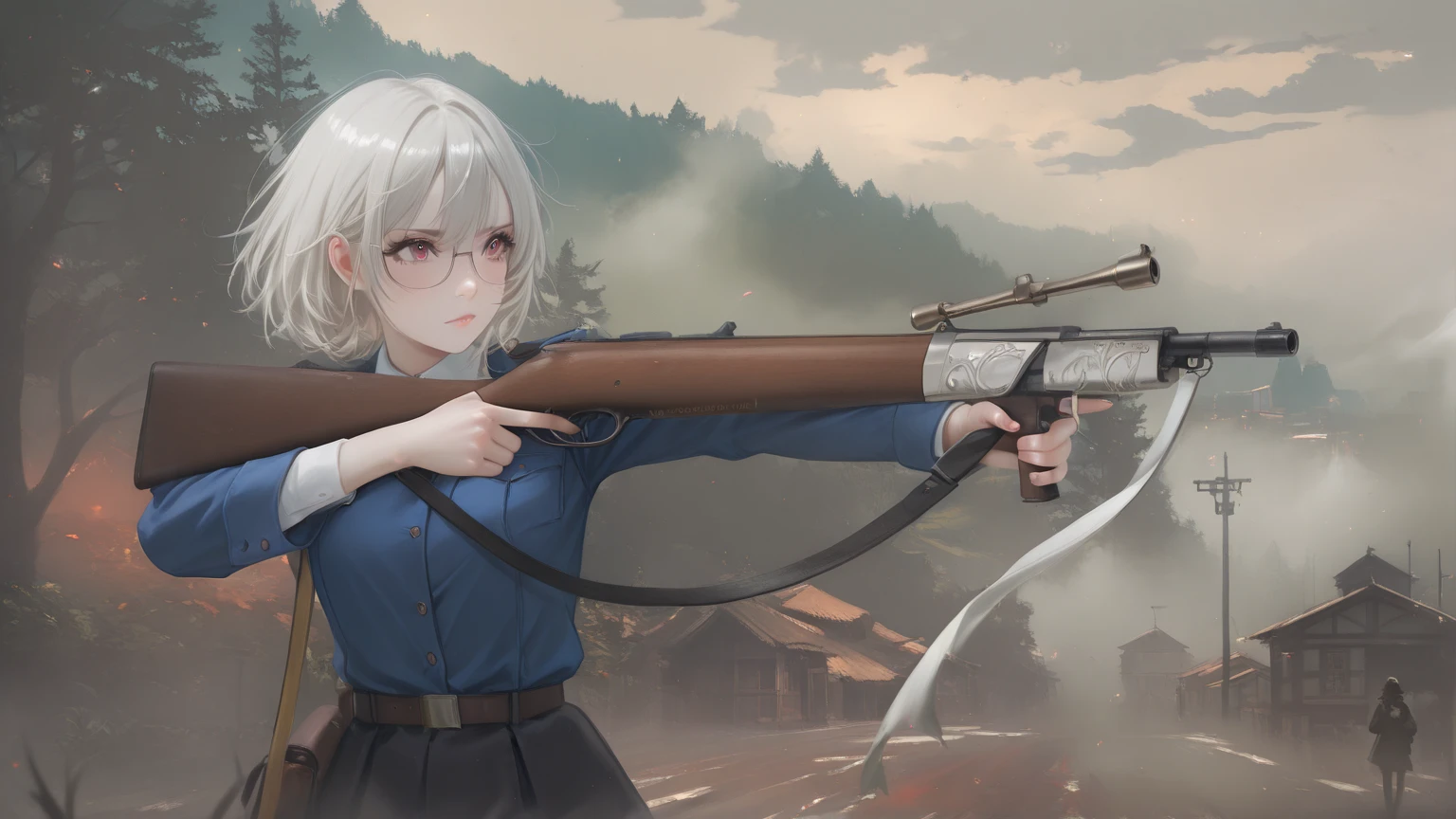 country village background,  fog, girl, gun