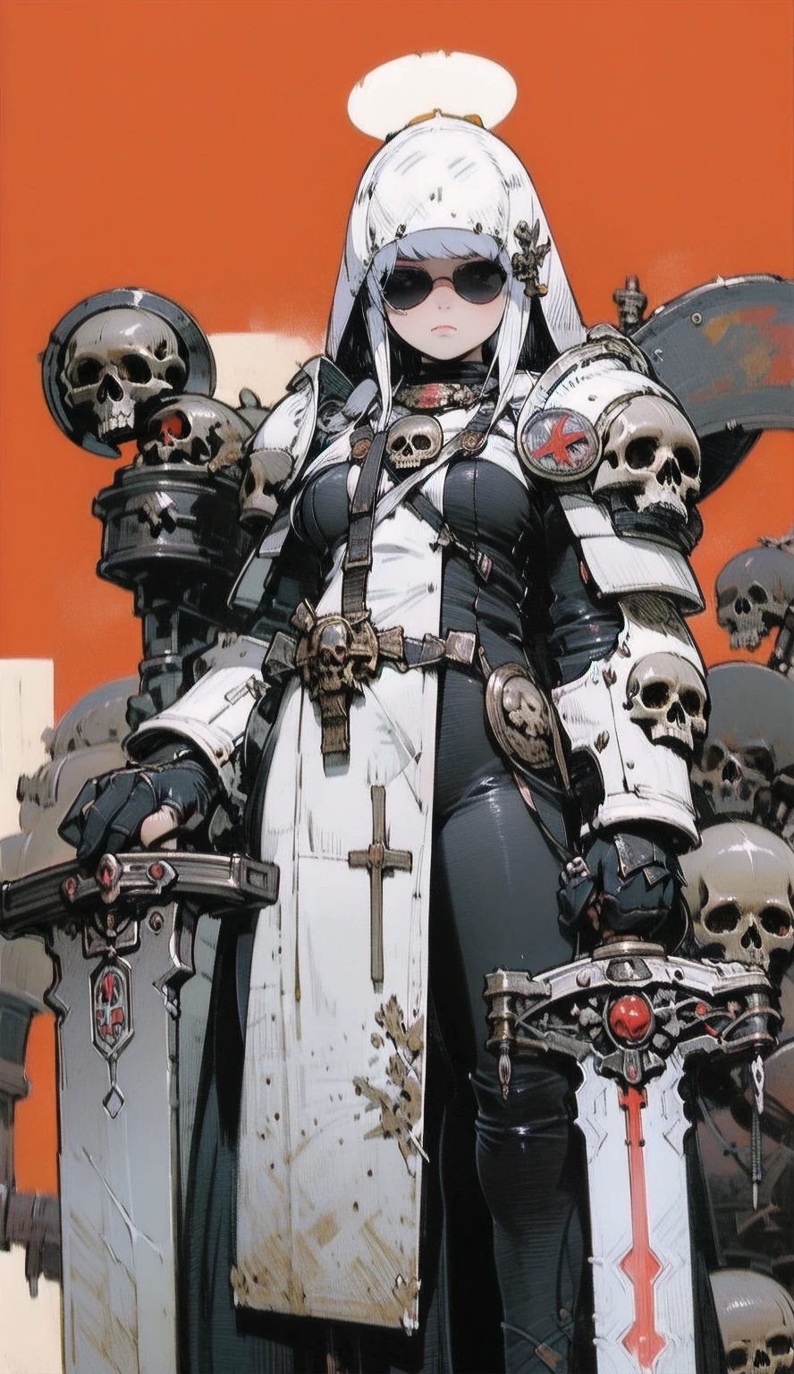 1  woman, High Definition Art , girl in armor,   holding a sword and shield  , buster-sword   ,  armor,  full body,  skull helmet, black armor, Image of the Grim Reaper, skull face,  (Veil), exoskeleton, aiming a sword at viewers,   combat stance, risograph