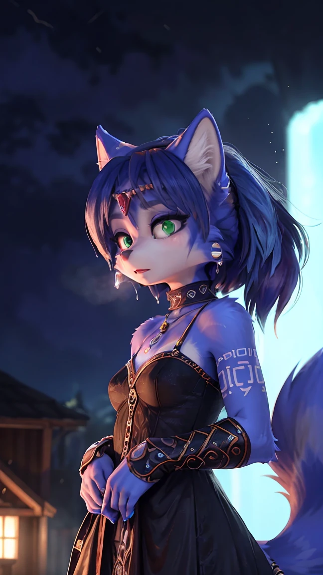 A beautiful and detailed (sweet portrait) wa ((Krystal)), Star Fox Krystal, sslim, lovable, green eyes, medium breasts, (((Long blue hair 1.3))), ((black hair tips)), Decollete, grin, look up,, anthro, furry, Uploaded E621, detailed fluffy fur, (wa Fluff-Kevlar, Bayard Wu, Personalami, Pino Daeni), detailed face, (fluffy), 1 girl, alone, sweet girl, brustpanzer