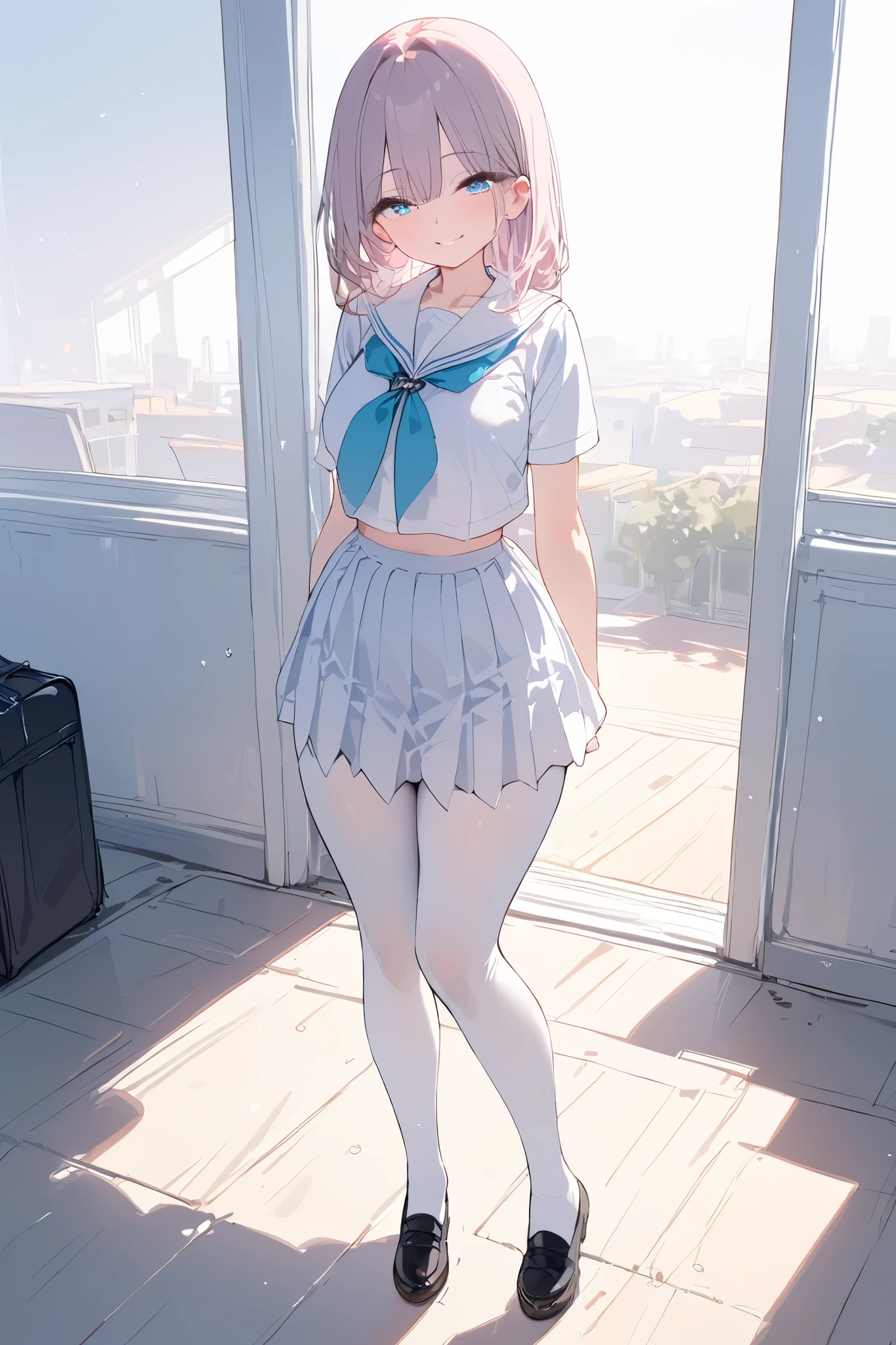 nsfw,1 girl,loli,petite,(Huge breasts:1.6),short hair,shining eyes,(blush:1.5),(embarrassed:1.5),(surprised:1.3),(happy:1.5),looking at viewer,(see through:1.3),(white sailor uniform:1.6),(see through:1.5),(white pleated very short pleated miniskirt:1.6),g-string,kyriedef,  hair over one eye,(looking back:1.5),(from below:1.6),