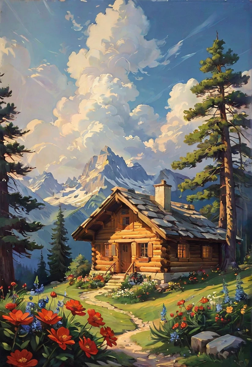 cabin, alps, pine trees, flowers, clouds,