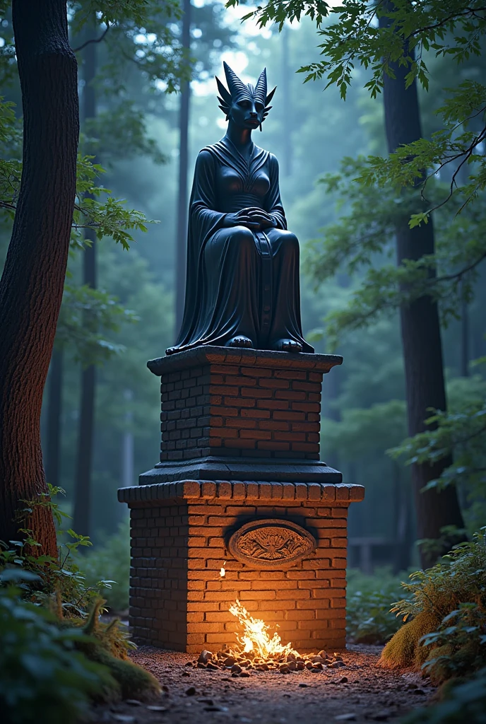 (masterpiece, best quality:1.2), this is treasure hunt in deep forest, Cursed Statue in the Deep Forest, dark magic on cursed statue, Cursed Statue is surround by high brick wall, Cursed Statue sit on treasure, statue is dark dragon shape