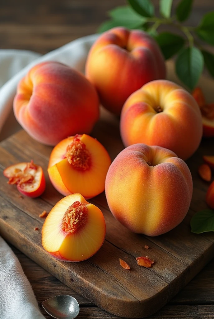 (best quality, highres, HDR:1.2), juicy sliced peaches, dripping juice, vibrant colors, close-up, mouthwatering, luscious, succulent, refreshing, appetizing, summer fruits, delicious, sweet and tangy, ripe, fresh, abundant, temptation, temptation, abundant, nature's bounty