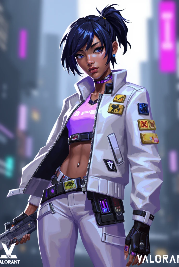 valorant style, stylized digital illustration,  Patch rocks a sleek white combat suit that's deliberately messy - covered in real programming patches sewn on like badges of honor. Her signature look is a glitching holographic visor that flickers between purple and blue, matching the pulsing circuits running down her arms. She's got this beat-up old bomber jacket thrown over the suit, customized with exposed wiring that she definitely installed herself. Her messy black hair has these subtle purple data-stream highlights that glow when she uses abilities.