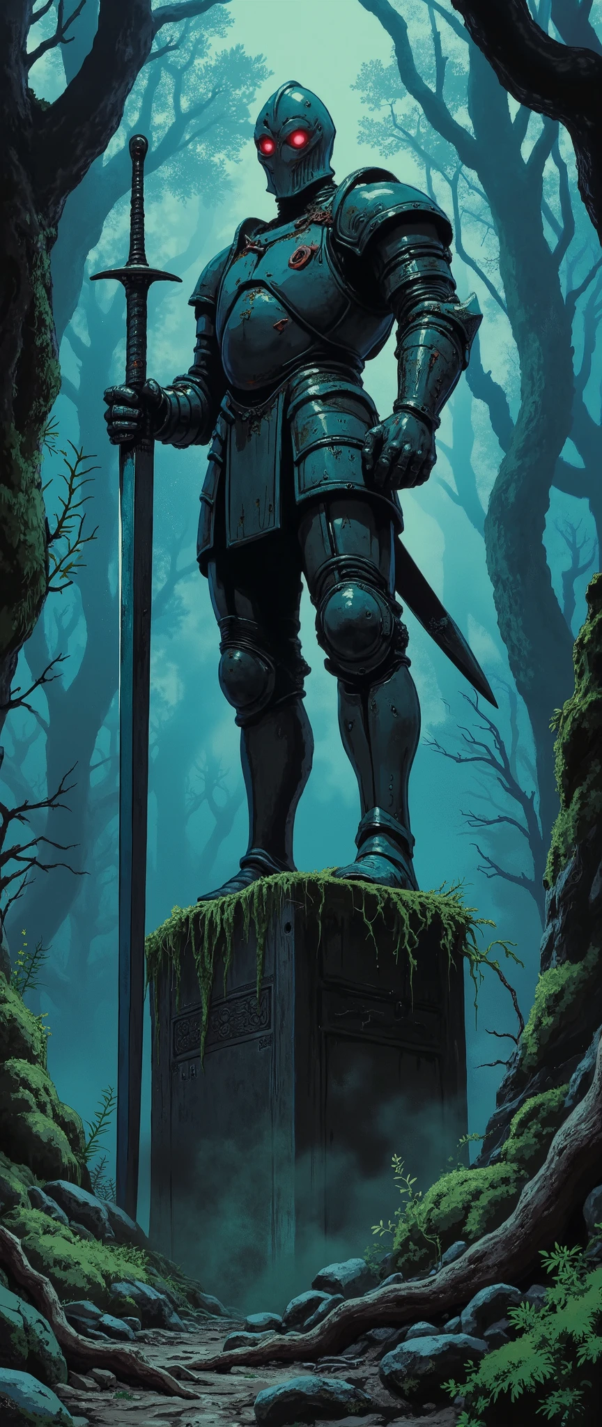 (masterpiece:1.2,Exceptional Quality,Mirror-like, cinematic experience , best illustration:2.0, more details.2.0),16k,wallpaper,( The Cursed Statue in the Deep of the Forest ),(There is a statue of a knight in armor with a large sword standing in a dense dark forest:2.0),(Red glowing eyes:2.0),(deterioration:2.0),(moss:2.0),( Studio Ghibli in the courtyard:2.0),( Anime Artwork),( Dynamic:2.0),(Spectacular landscapes:2.0),( creepy vibe:2.0),(From below:2.0),(pedestal:2.0)