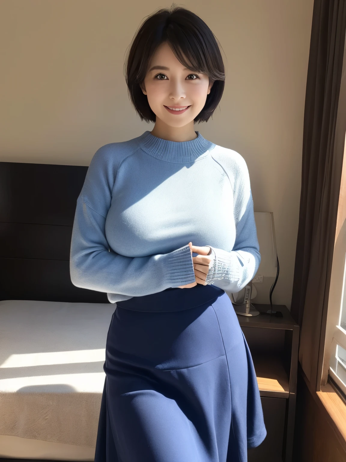 ((Masterpiece))、(( top quality ))、 40-year-old woman、 Elegant Exterior 、 short hair with shadows、 SEXY SMILE 、 bedroom、blue tone 、 indirect lighting、 tight , loose large sweater hidden in deep shadows 、 loose long skirt hidden in deep shadows allows you to carry heavy luggage 、 long legs 、(( Soft , Saggy Big Breasts ))、深い影の中に隠された、Wide angle、 stand in front of a wall 、 dark background 、