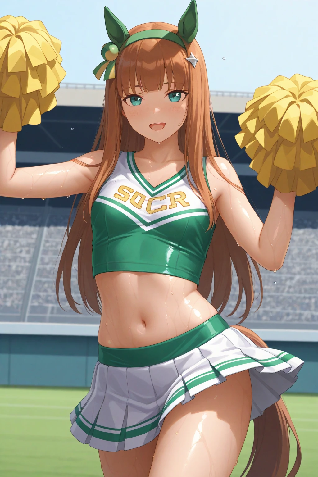 1 girl, solo, silence suzuka \(umamusume\), photo-realistic, cheerleader, pom pom \(cheerleading\), pleated skirt, best quality, laugh, good anatomy, masterpiece, shiny, shiny skin, shiny outfit, wet clothes, wet skin, dynamic pose, source_anime