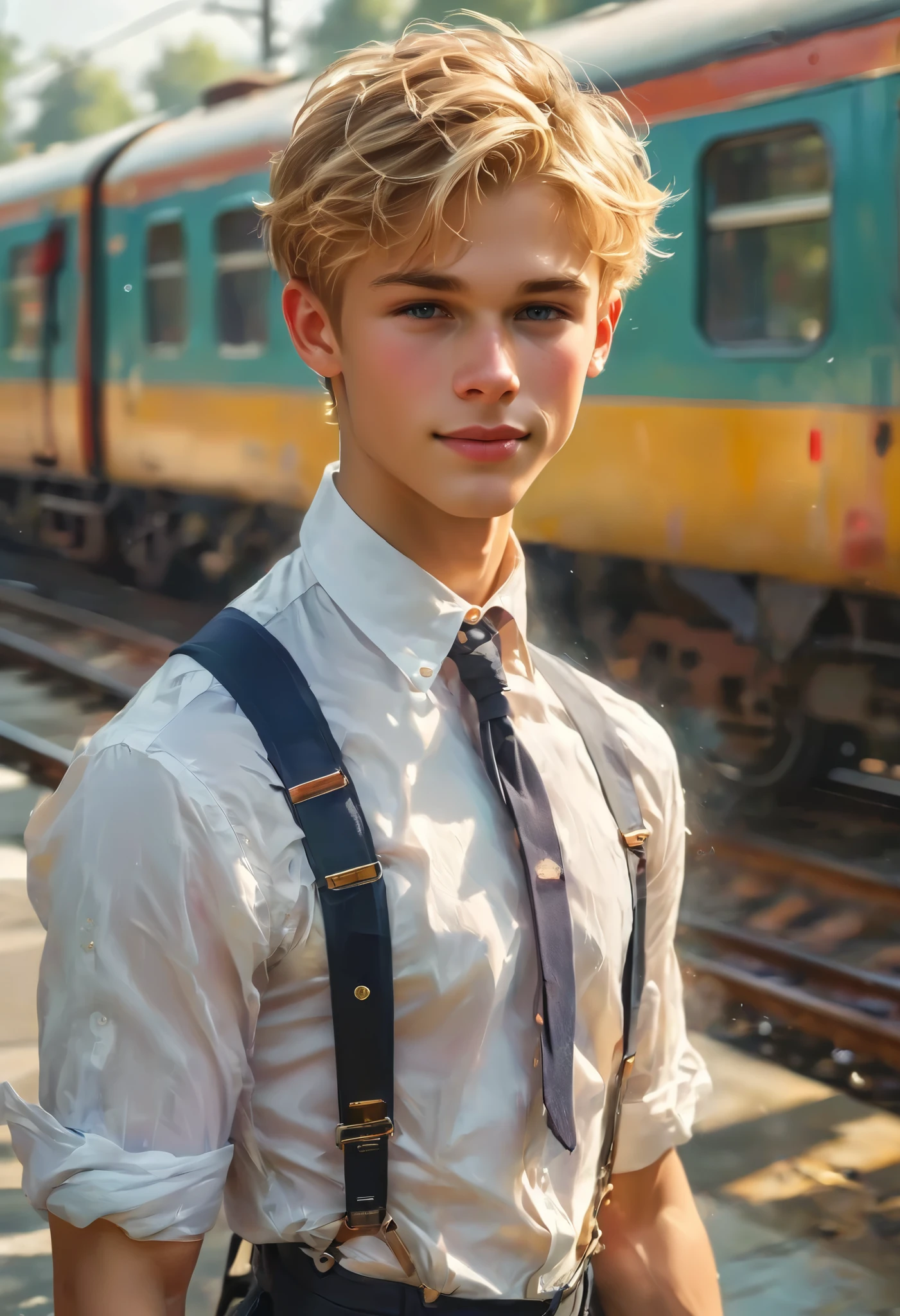 (a cute boy:1.1,posing nude:1.1,photorealistic:1.37), (best quality,4k,8k,highres,masterpiece:1.2), reaching to thecamera, giving you a bouquet, train conductor uniform, smiling blond boy, blond justin bieber hair fringe, long fringe, side ringe hair, ultra-detailed, realistic:1.37,backpack,gentle smile,, suspenders, ripped shirt, soaking wet shirt, professional, vivid colors, bokeh, sharp focus, physically-based rendering, young, slim, slender, -like, penis, studio lighting, lush greenery, playful expression, innocent eyes, freckles, soft skin, gentle sunlight, morning dew, subtle shadows, warm color palette
