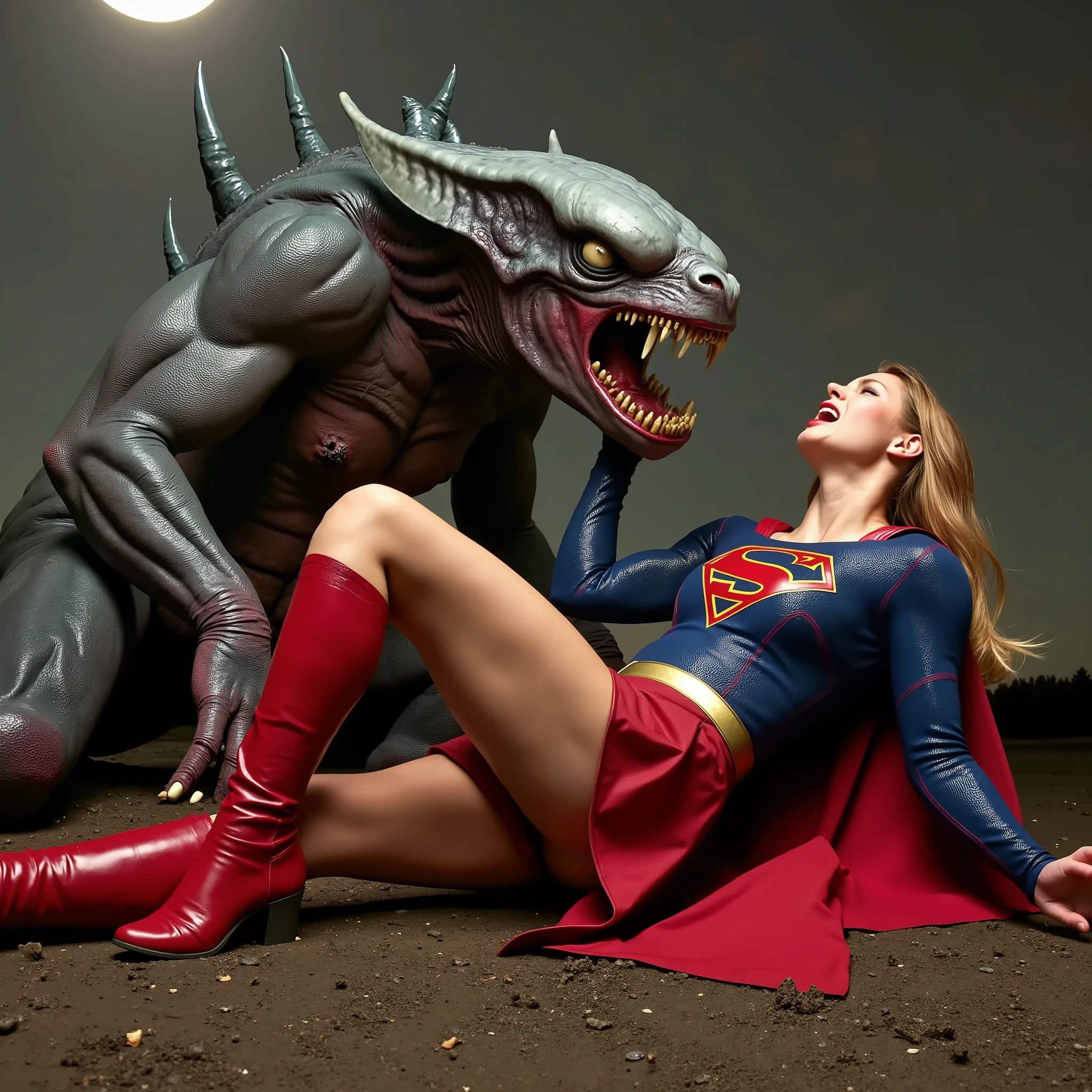 Supergirl is fighting with a big alien monster, very bright white skin, can see whole body, She is wearing a thin black pantyhose, short red leather fabric skirt, red knee height long boots, blonde hair, lighting green collar on her neck, She is screaming in pain, seriously injured, painful, a huge body fierce Alien Monster hold and carry Supergirl body, the Alien Monster seize her body tightly and bite her neck, photorealistic, hyper realistic, night time on the Mar with moon lighting,