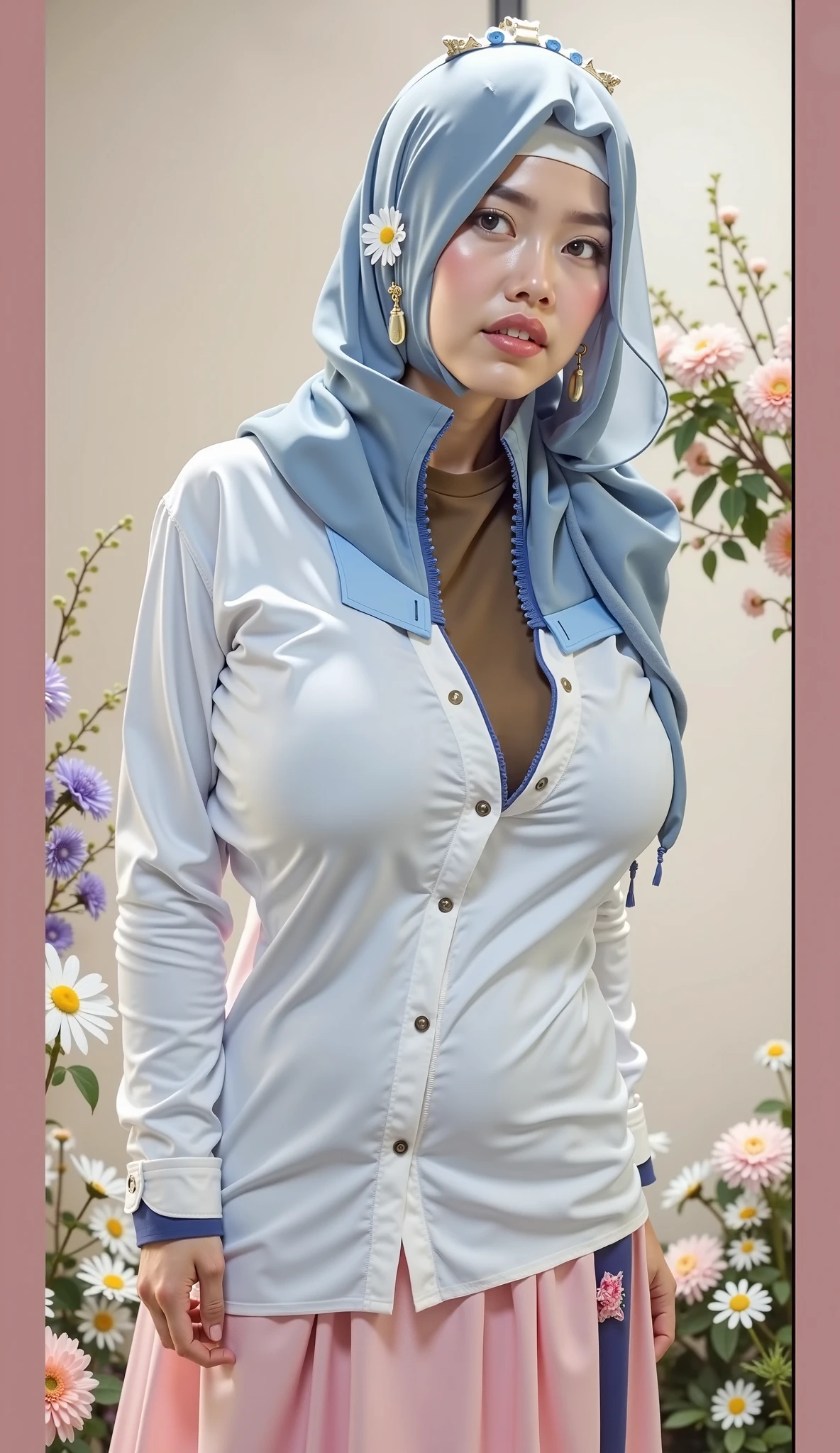 Vogue style photo shoot of malay matured woman in hijab with pastel colored background in Wes Anderson style, hyper - realistic photography, Wes Anderson style, full body, 8k, wlop, cleavage, cleavage cutout, dress cutout, green background, hijab, high resolution, juliet sleeves, long sleeves, nier (series), nier automata, fluffy sleeves, red lips, shadow face, hijab, solo, turtleneck sweater, upper body, sky, white fox ears, white fox tail, nine-tailed fox, 