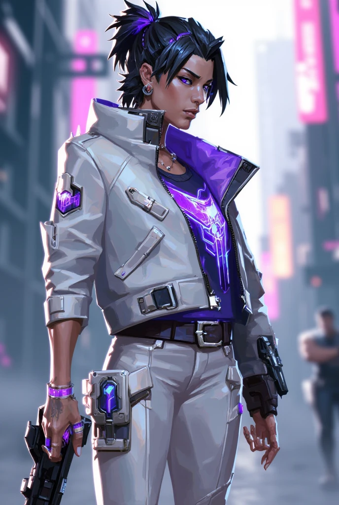 valorant style, stylized digital illustration,  Patch rocks a sleek white combat suit that's deliberately messy - covered in real programming patches sewn on like badges of honor. Her signature look is a glitching holographic visor that flickers between purple and blue, matching the pulsing circuits running down her arms. She's got this beat-up old bomber jacket thrown over the suit, customized with exposed wiring that she definitely installed herself. Her messy black hair has these subtle purple data-stream highlights that glow when she uses abilities.