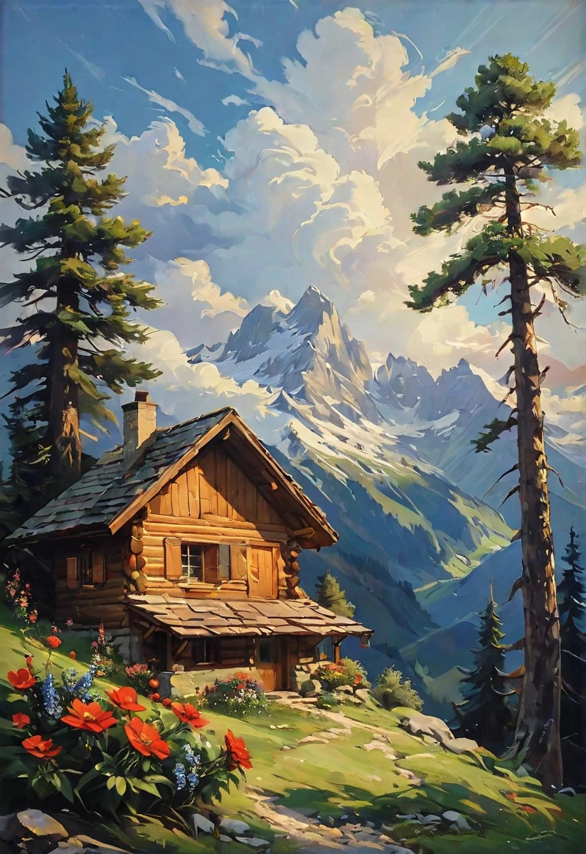 cabin, alps, pine trees, flowers, clouds,