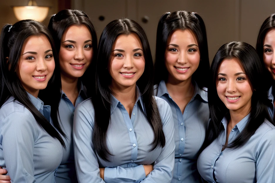 k4l3yc, A group of smiling busty black-haired clones wearing identical clothing pictured with another group of smiling busty black-haired clones wearing identical clothing