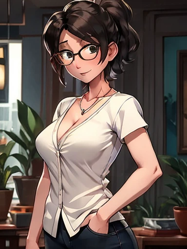 (Masterpiece: 1.0), Best quality, Aunt Cass Hamada from Big Hero 6, mature, 35 years old, men's white dress shirt, shirt open,  shirttails out, white bra,  jeans, necklace, friendly expression, tall slender build, much smaller breasts, grey hair in a ponytail, glasses, oil painting  