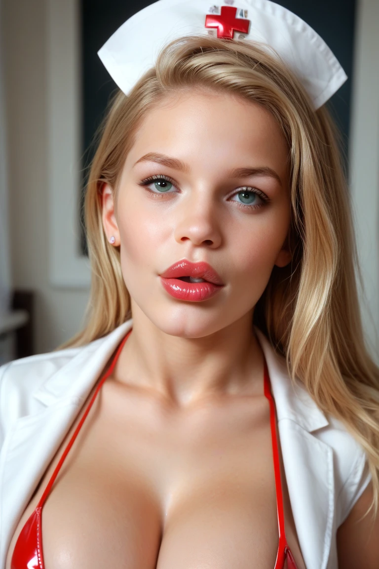 hot nurse, portrait, full front view, facing viewer, looking up at viewer, downview, blonde hair, pigtail, perfekt round boobs, cleavage, micro bikini, big lips, red lipgloss, expecting expression, light eye make-up, mari kruchkova