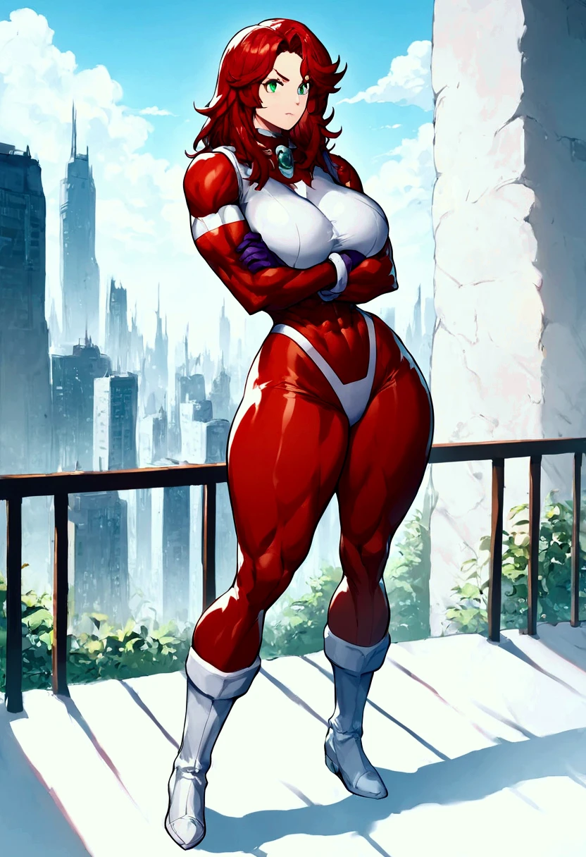 score_9,score_8_up,score_7_up,score_6_up,score_5_up,source_anime BREAK anime screencap, 1girl,mrsarrowf0,standing,superhero,crossed arms,facing viewer,bodysuit,white skin,red hair,muscular female,green eyes,purple gloves,boots,full body,huge breasts, huge butt, thick thighs, curvy hips, on balcony,futuristic city,cloudy skies,