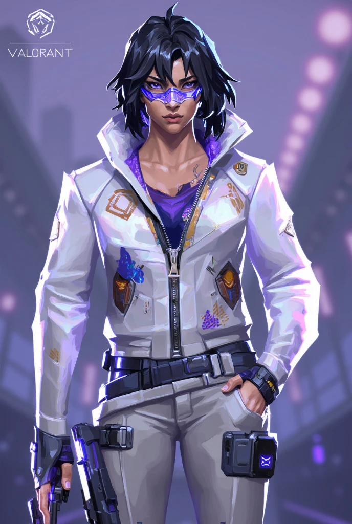 valorant style, stylized digital illustration,  Patch rocks a sleek white combat suit that's deliberately messy - covered in real programming patches sewn on like badges of honor. Her signature look is a glitching holographic visor that flickers between purple and blue, matching the pulsing circuits running down her arms. She's got this beat-up old bomber jacket thrown over the suit, customized with exposed wiring that she definitely installed herself. Her messy black hair has these subtle purple data-stream highlights that glow when she uses abilities.