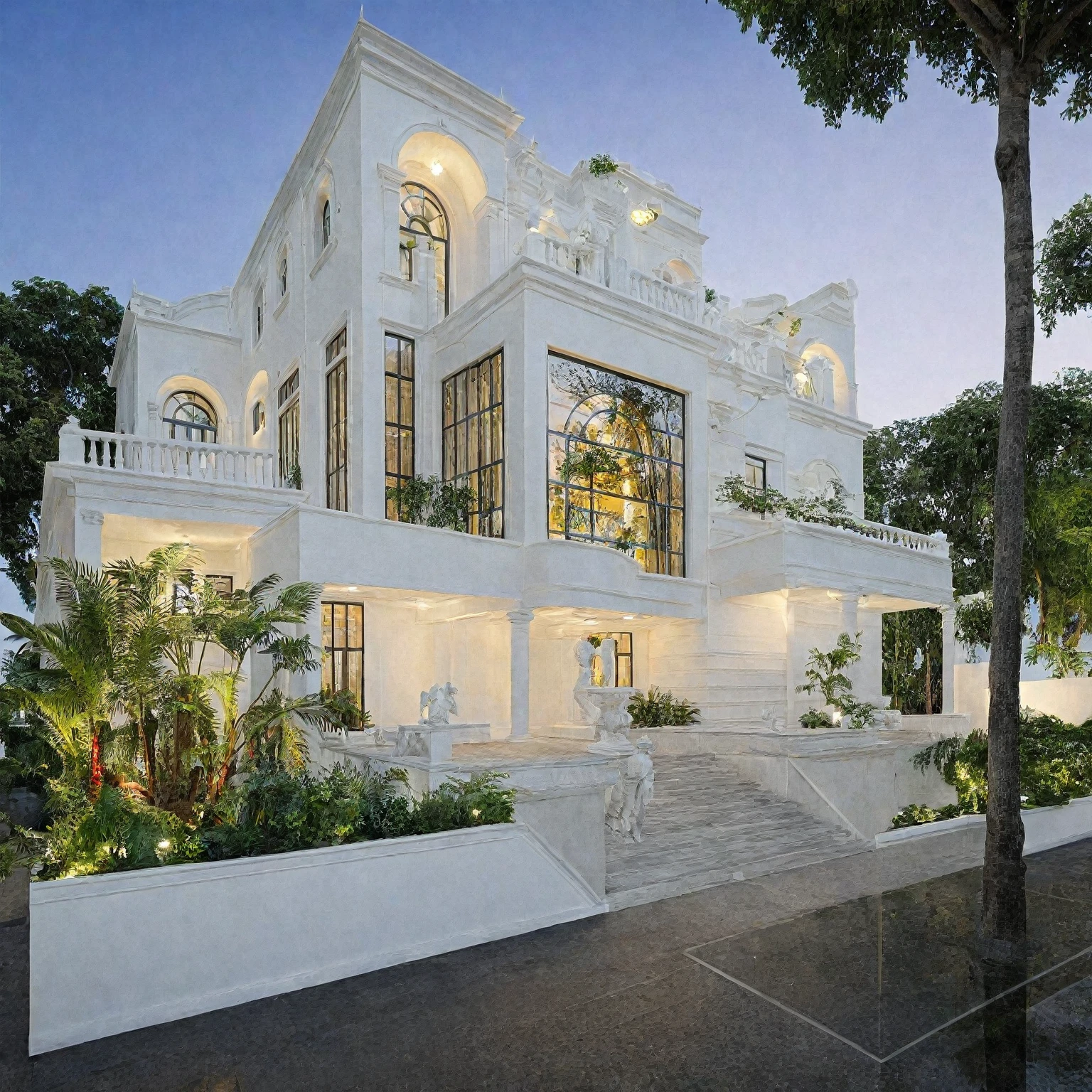 neo classical villa on street, (daylight), tropical tree, vivid colour, streetcapes, white tone, black detail, white wall, large glass door, warm interior lighting, best quality, masterpiece, ultra realistic