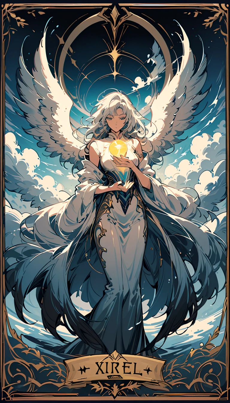  Alfred Kubin Style, character concept design,Tarot cards，Angel，Uriel， huge wings，feather，Holding the sun in your hands，Heaven， Blue Sky and White Clouds ，close up，8K， high quality ， masterpiece，very good， rich details