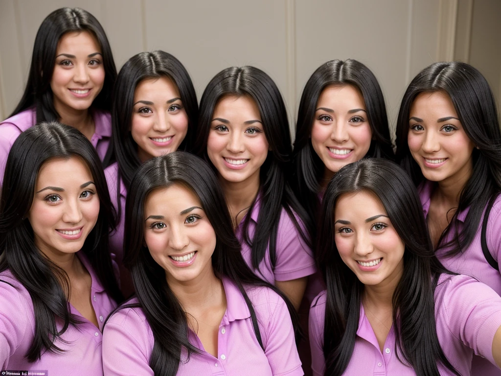 k4l3yc, A group of smiling busty black-haired clones wearing identical clothing pictured with another group of smiling busty black-haired clones wearing identical clothing