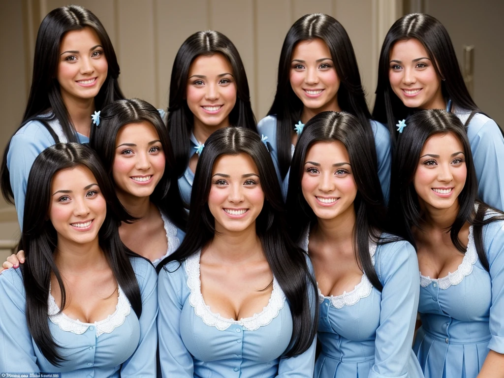 k4l3yc, A group of smiling busty black-haired clones wearing identical clothing pictured with another group of smiling busty black-haired clones wearing identical clothing